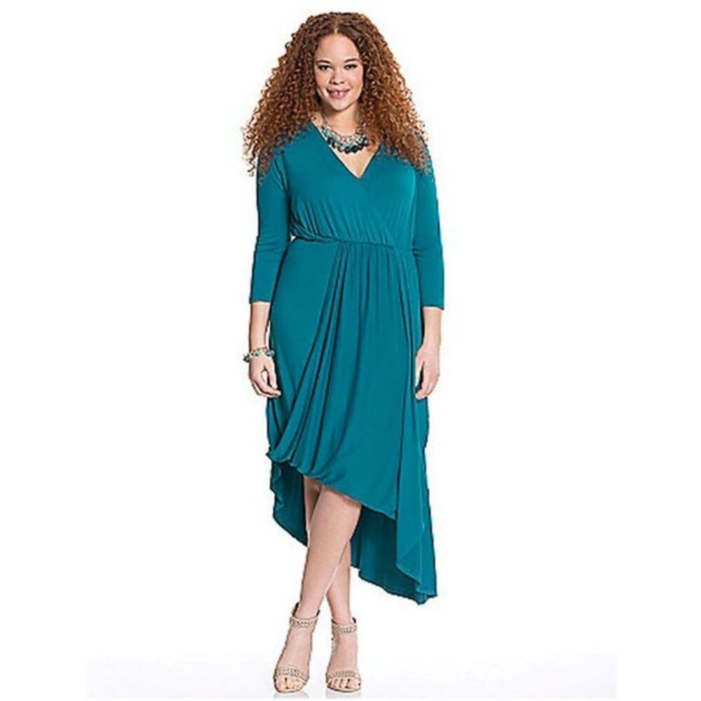 Lane Bryant Maxi Dress Plus 18/20 Drape Front Surplice Asymmetric Hem‎ Knit Teal